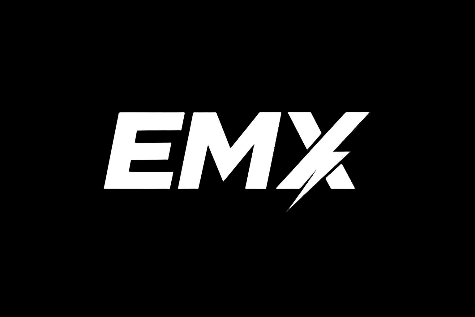 White 'EMX' logo on a black background